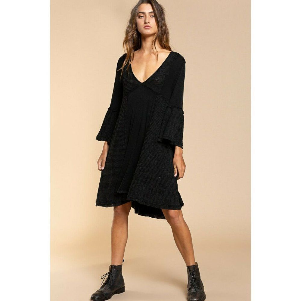 POL Clothing Acid Black V Neck Tunic Dress Summer Boho Bohemian Long Sleeve New - Picture 4 of 5